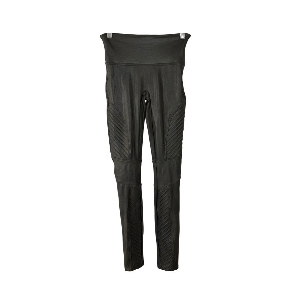 Spanx‎ Faux Leather Moto Leggings Very Black High Rise Ribbed Details Small S/P
